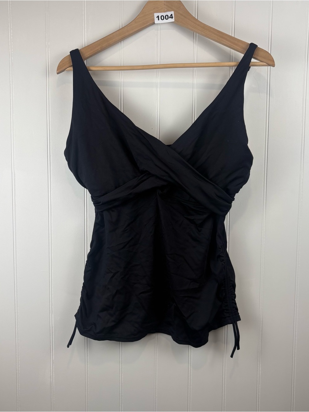 Black Ruched Tankini Top Adjustable Straps Side Tie Swimwear Minimalist Chic M/L